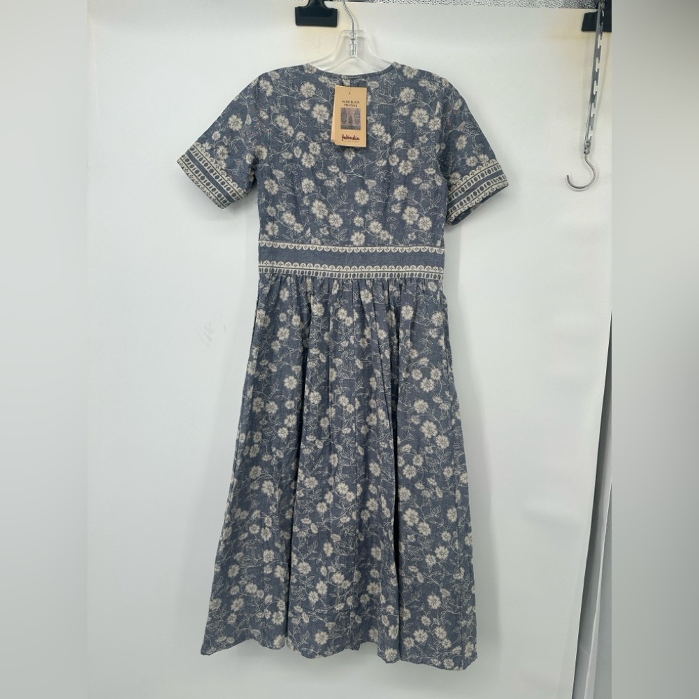 Fabindia Dress Womens XS‎ Blue Floral Cottagecore Cotton Button Front SS Midi